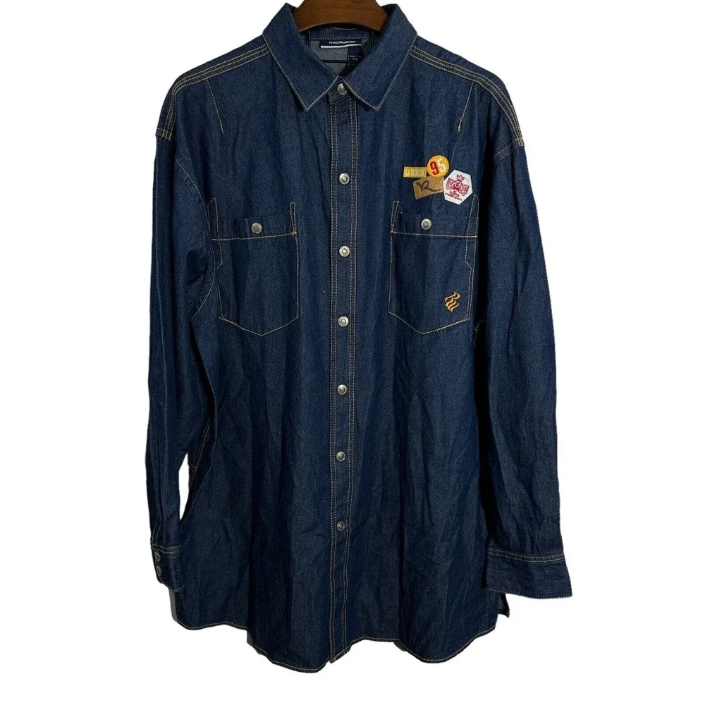ROCAWEAR Vintage Mens Blue Denim‎ Button Up Jacket Trucker Hip Hop Y2K 3XL